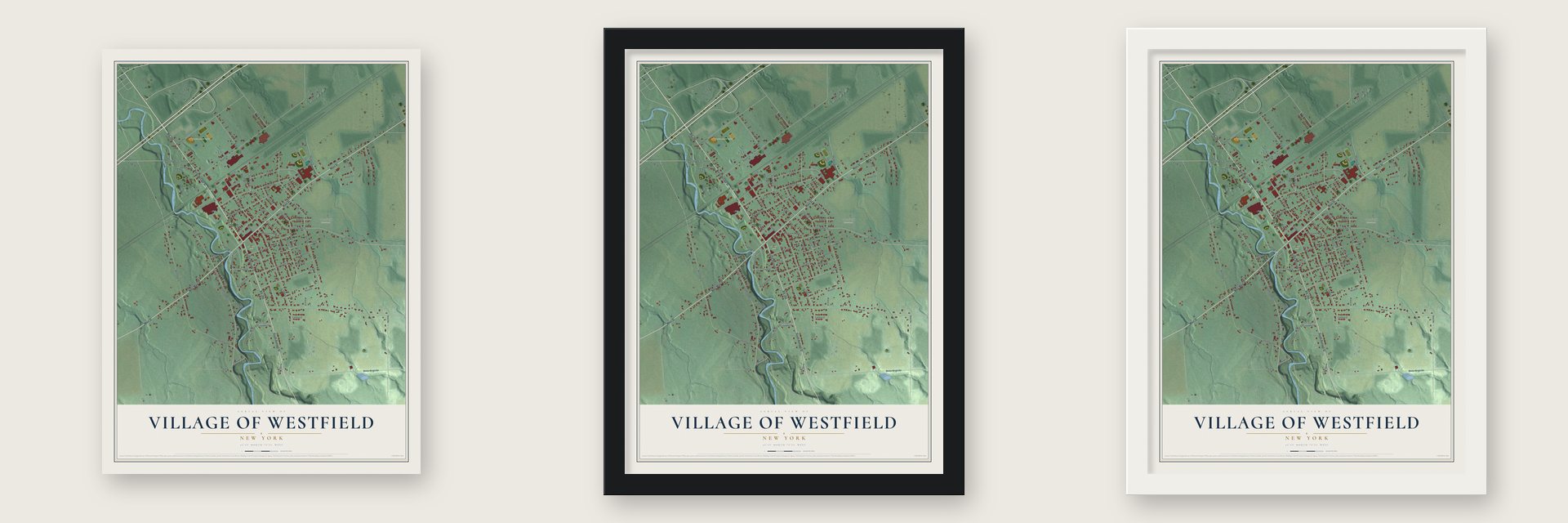 Village of Westfield, New York map unframed, in a black wood frame and in a white wood frame