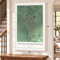Village of Westfield, New York map, 24 x 36 inch print in a white frame by a staircase