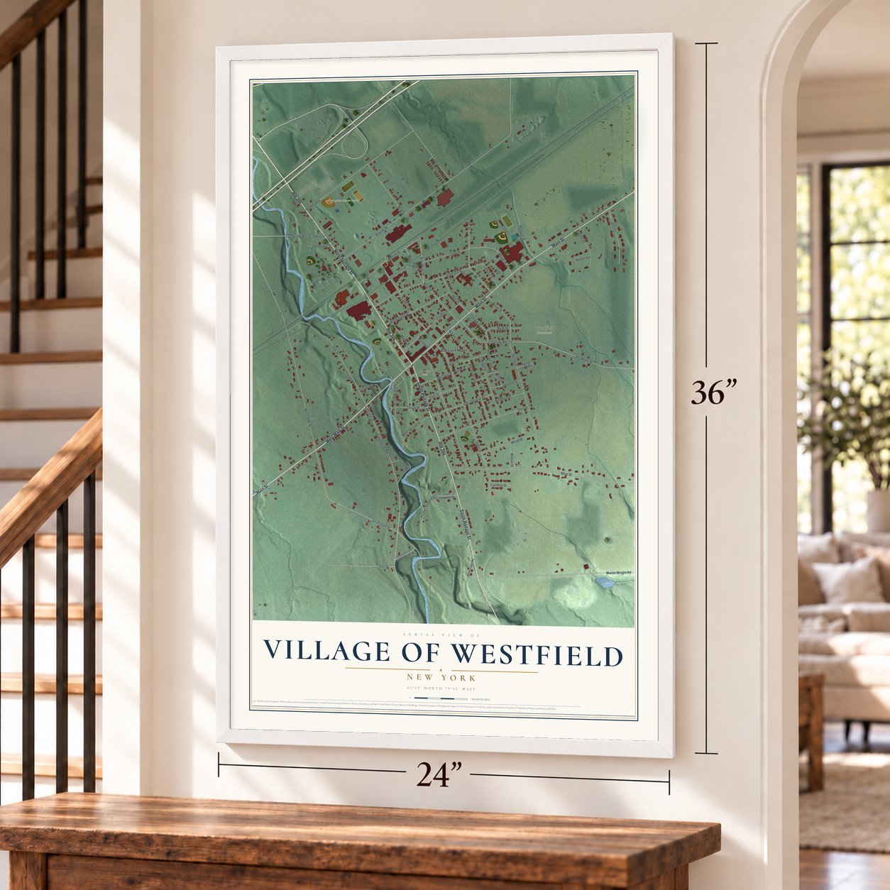 Village of Westfield, New York map, 24 x 36 inch print in a white frame by a staircase