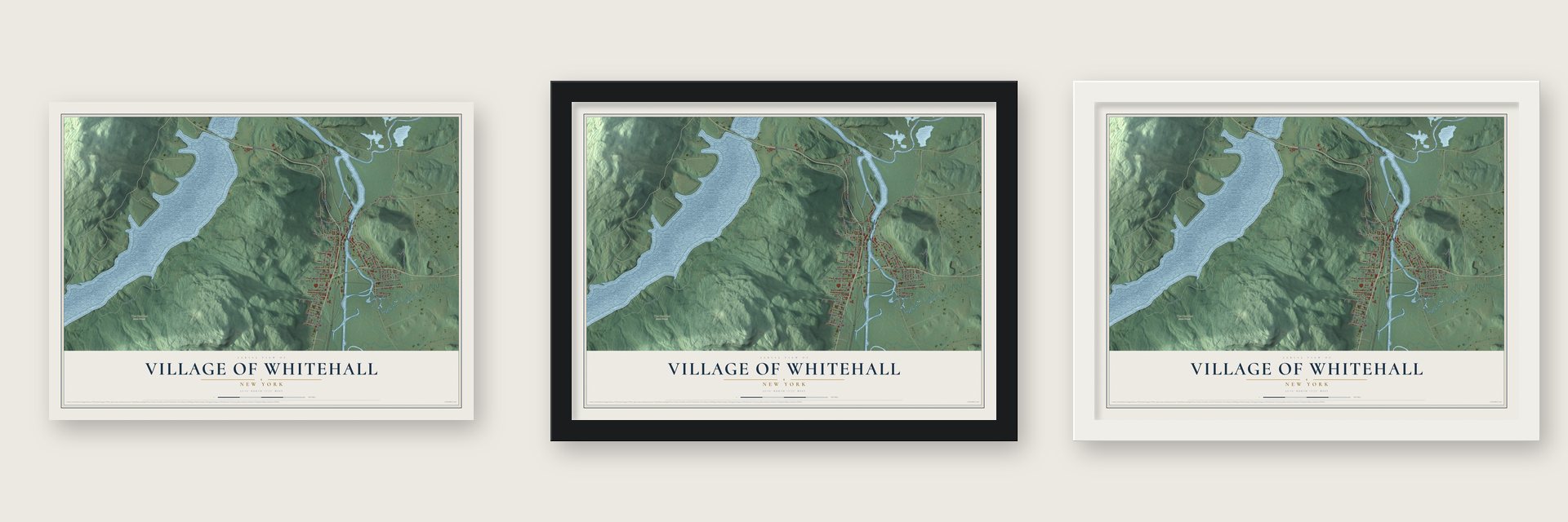 Village of Whitehall, New York map unframed, in a black wood frame and in a white wood frame