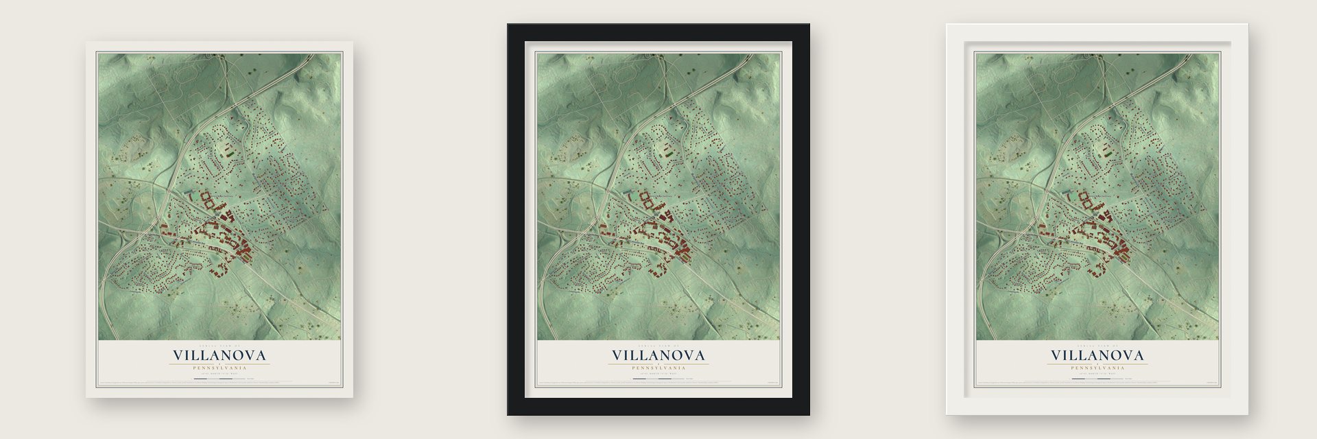 Villanova, Pennsylvania map unframed, in a black wood frame and in a white wood frame