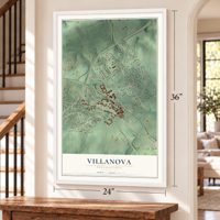 Villanova, Pennsylvania map, 24 x 36 inch print in a white frame by a staircase