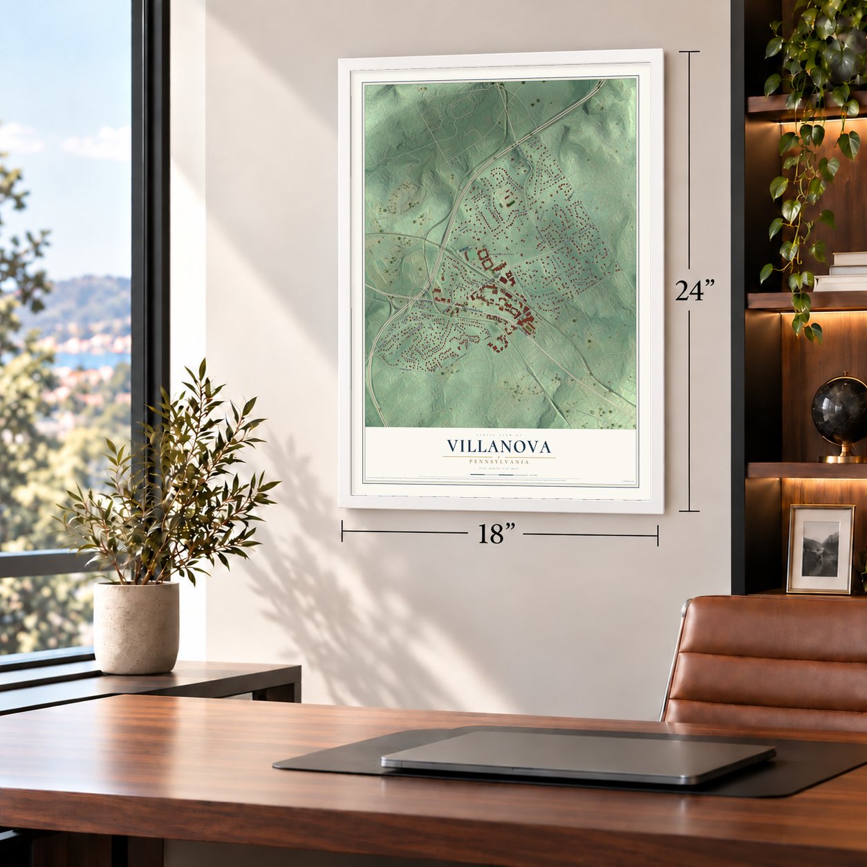 Villanova, Pennsylvania map, 18 x 24 inch print in a white frame in a home office