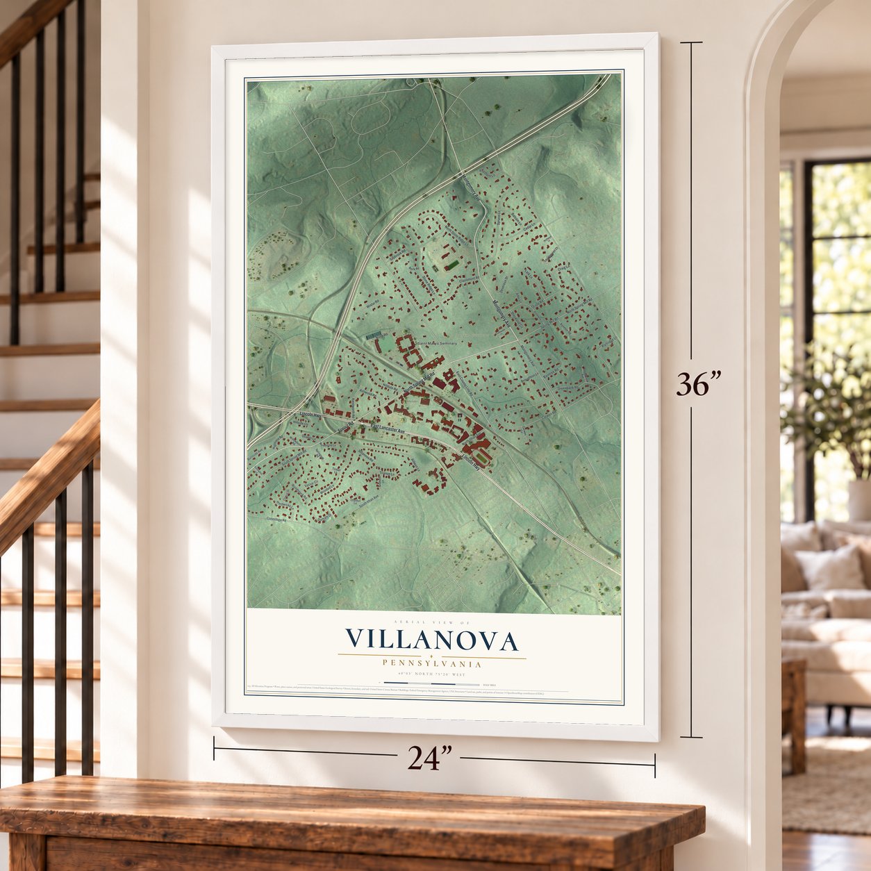 Villanova, Pennsylvania map, 24 x 36 inch print in a white frame by a staircase