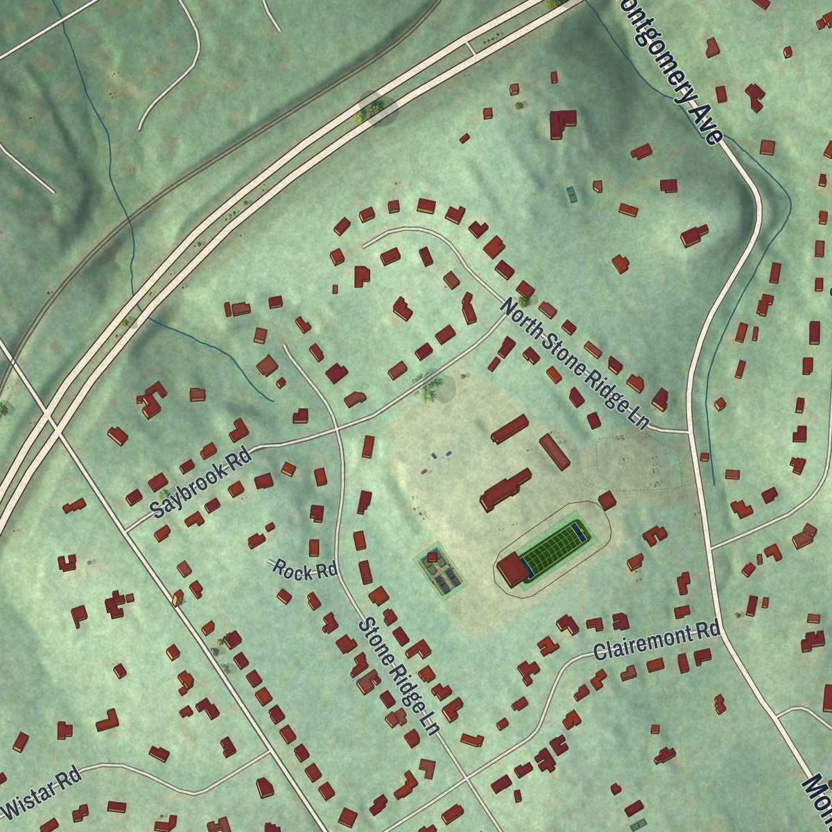 Second close-up of the map of Villanova, Pennsylvania print showing more streets and buildings