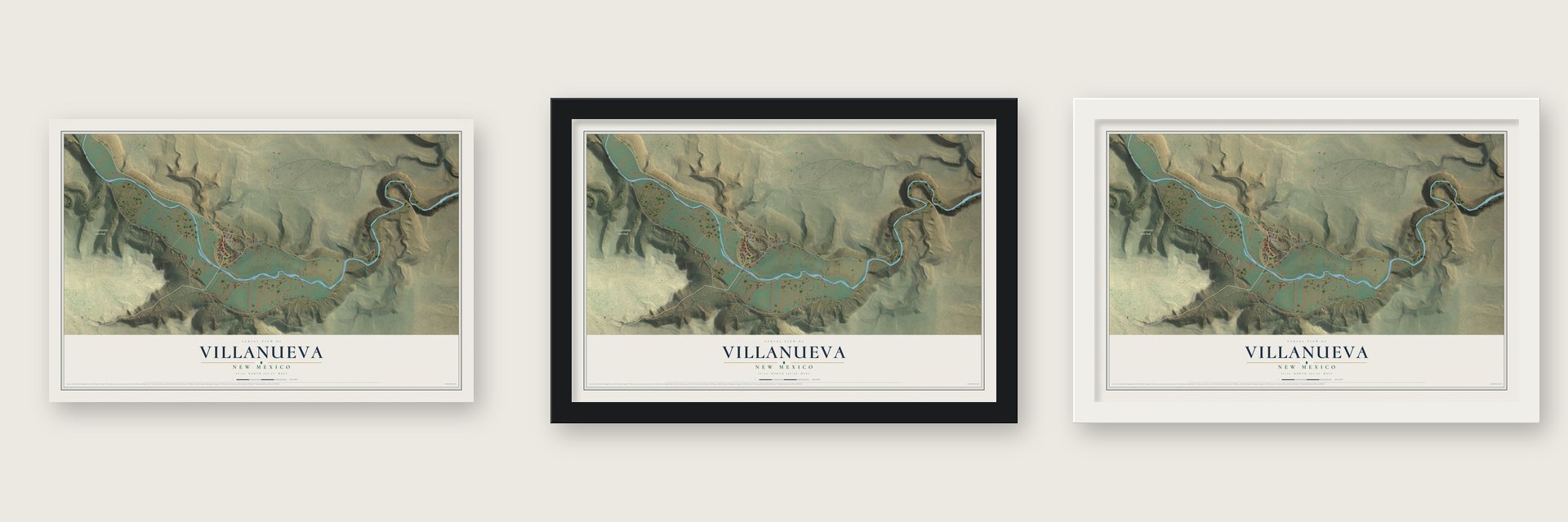 Villanueva, New Mexico map unframed, in a black wood frame and in a white wood frame