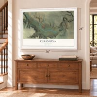 Villanueva, New Mexico map, 24 x 36 inch print in a white frame above a dresser by a staircase