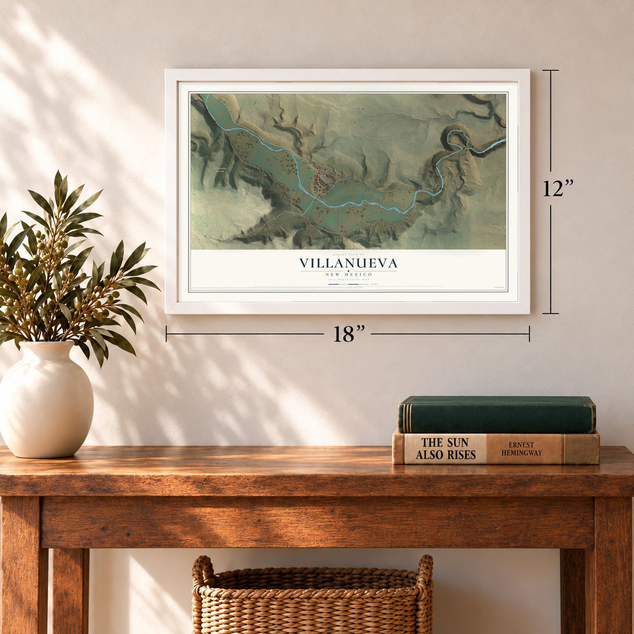 Villanueva, New Mexico map, 12 x 18 inch print in a white frame in an entryway