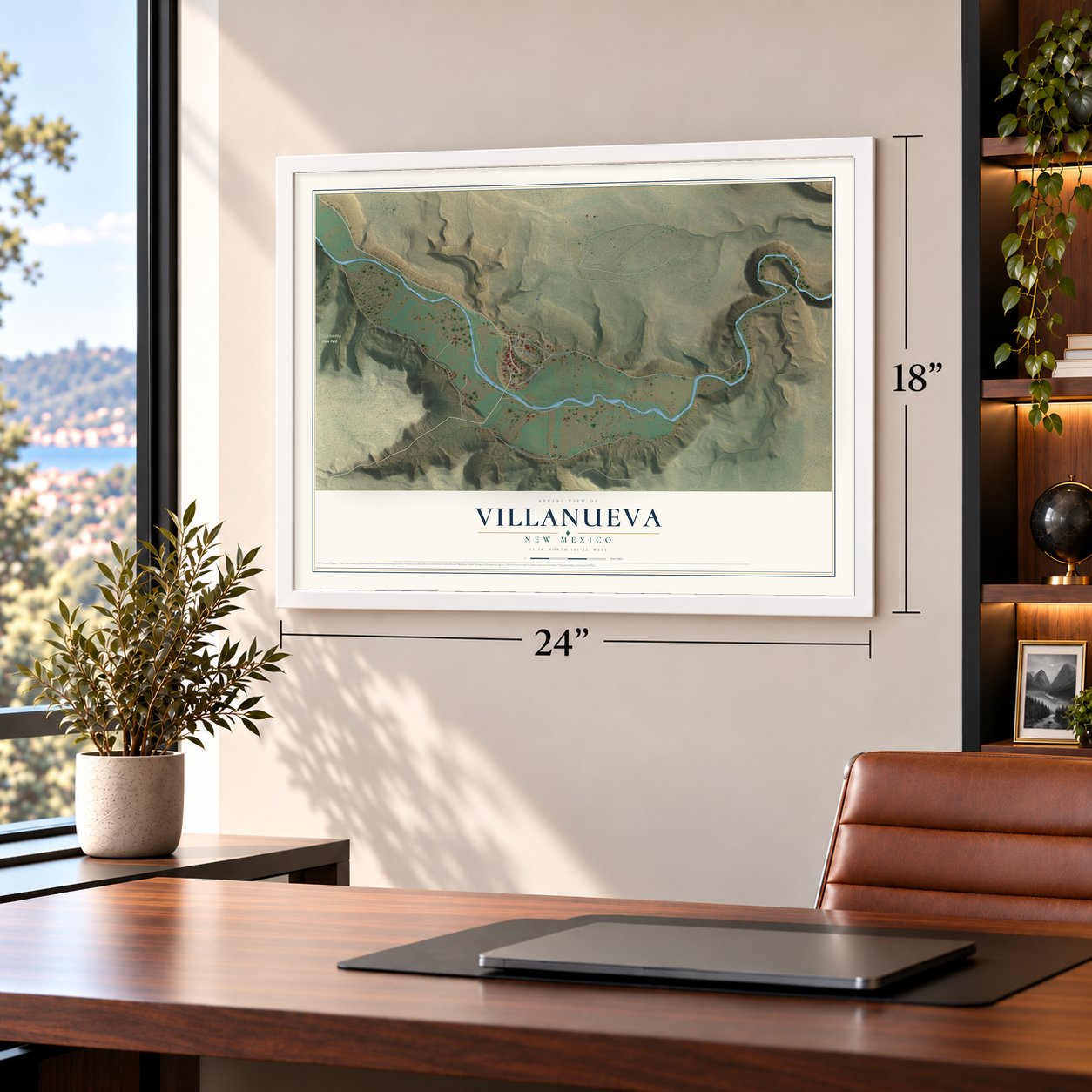 Villanueva, New Mexico map, 18 x 24 inch print in a white frame in a home office