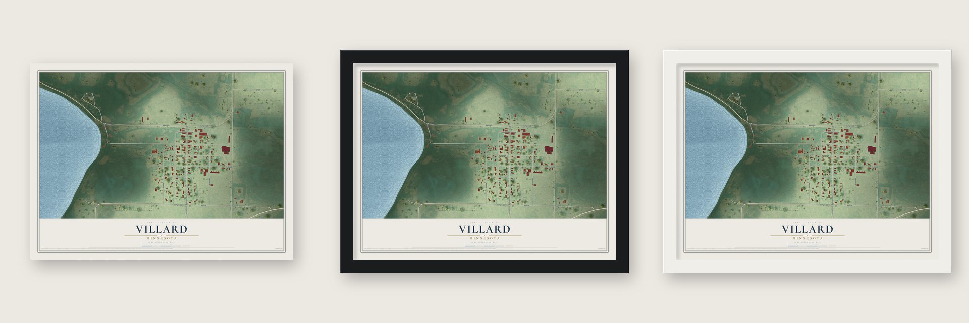 Villard, Minnesota map unframed, in a black wood frame and in a white wood frame