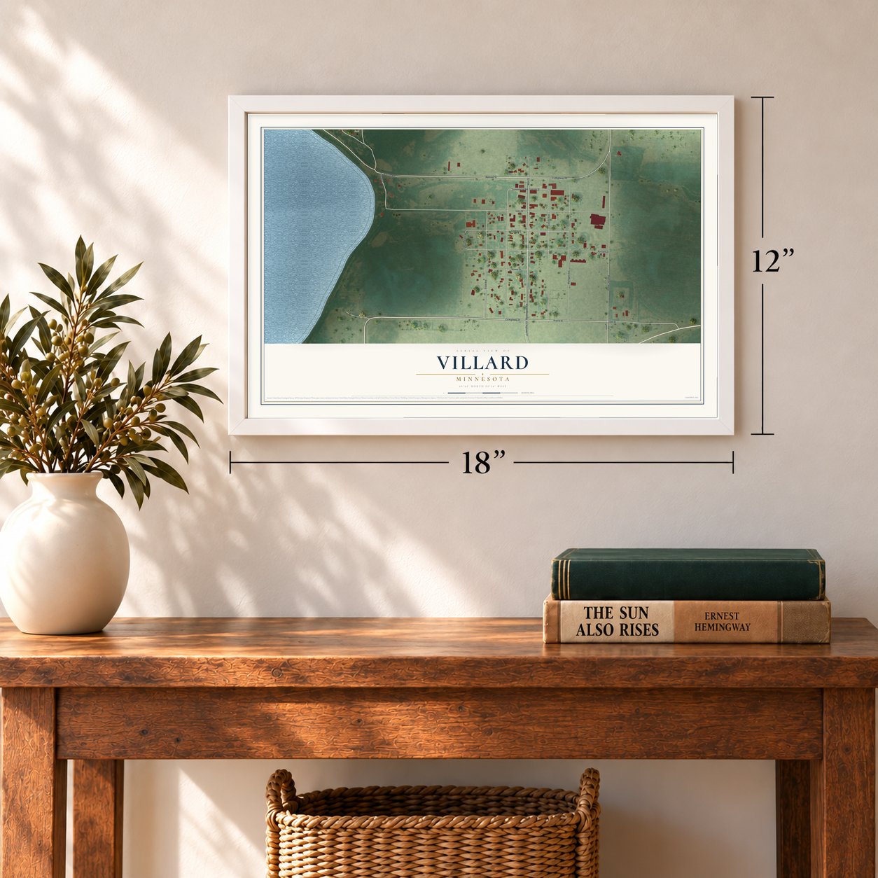 Villard, Minnesota map, 12 x 18 inch print in a white frame in an entryway