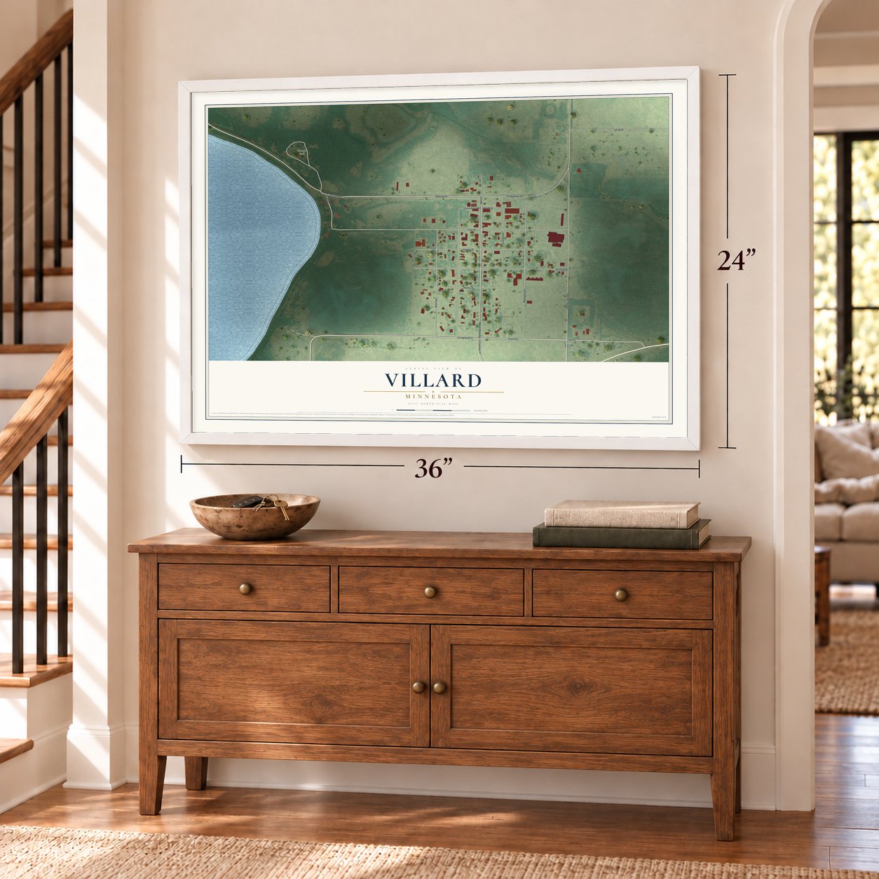 Villard, Minnesota map, 24 x 36 inch print in a white frame above a dresser by a staircase