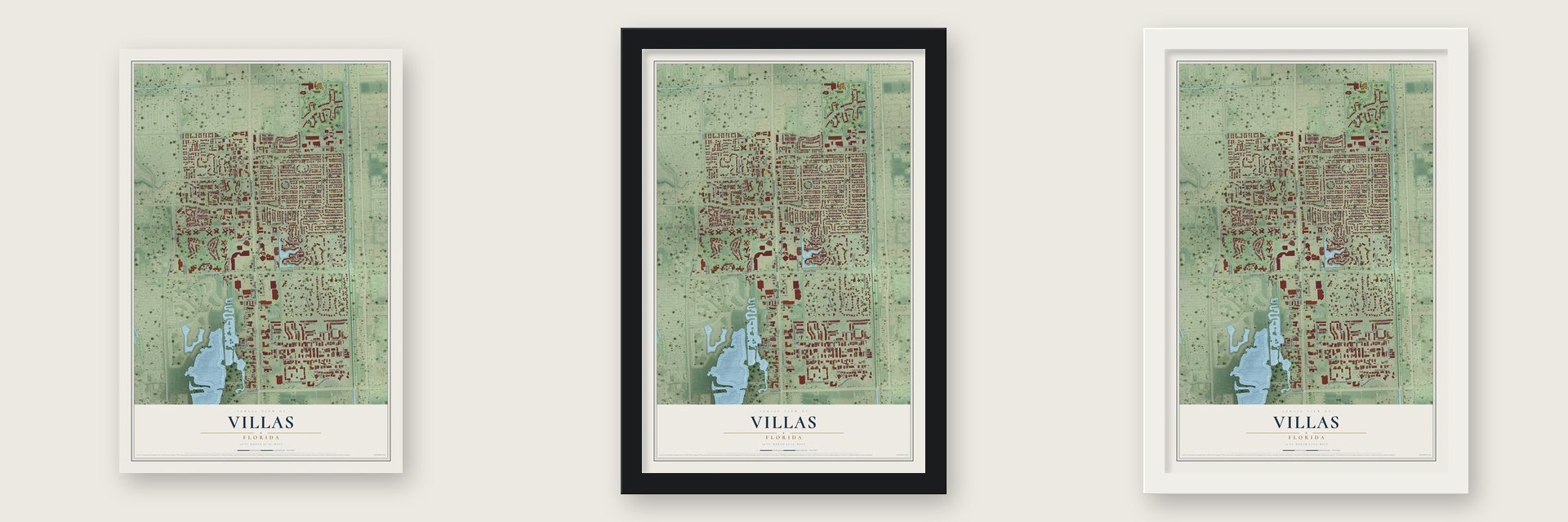 Villas, Florida map unframed, in a black wood frame and in a white wood frame