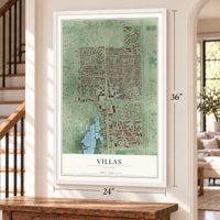 Villas, Florida map, 24 x 36 inch print in a white frame by a staircase