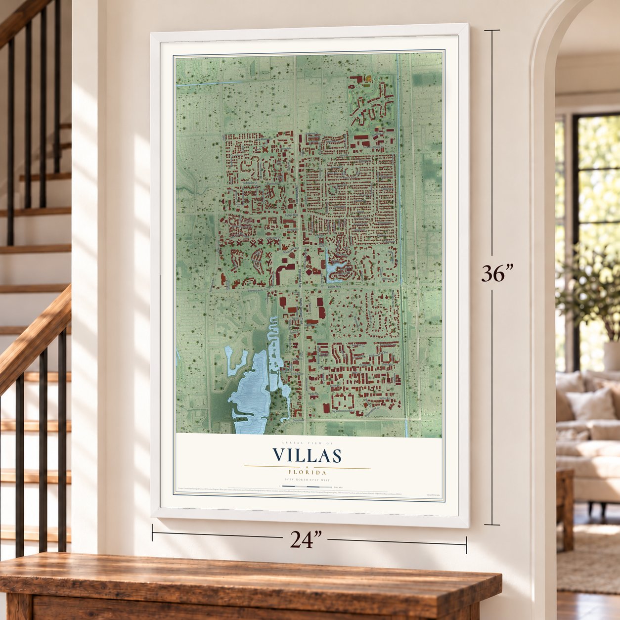 Villas, Florida map, 24 x 36 inch print in a white frame by a staircase
