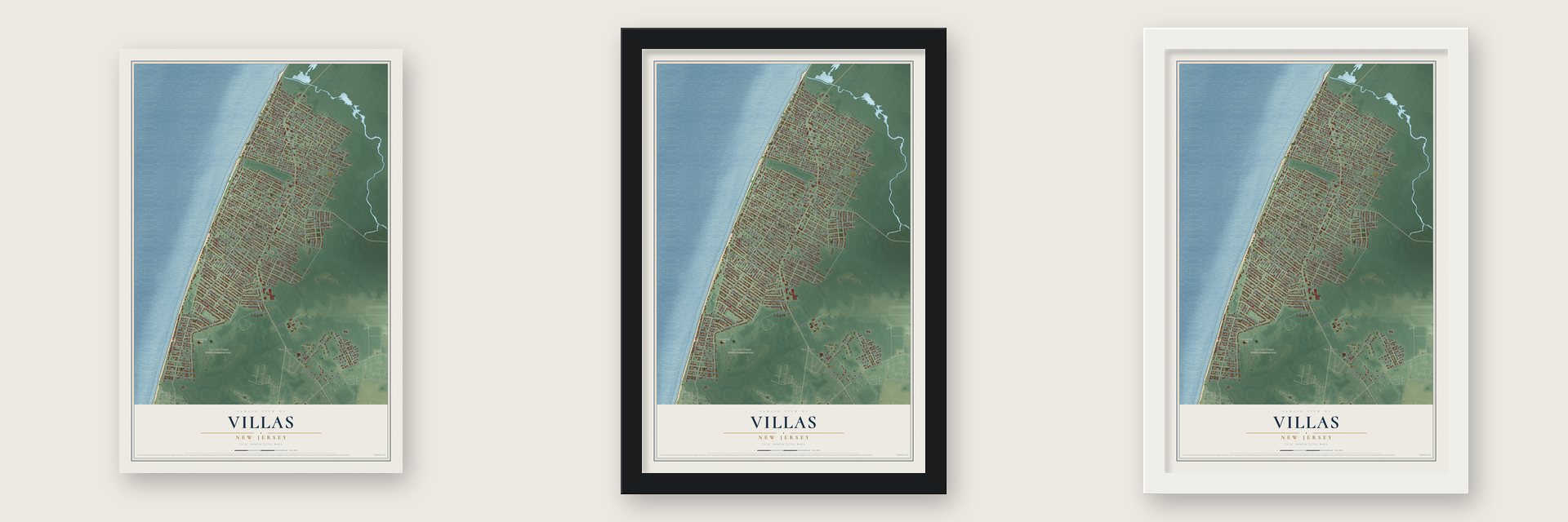 Villas, New Jersey map unframed, in a black wood frame and in a white wood frame