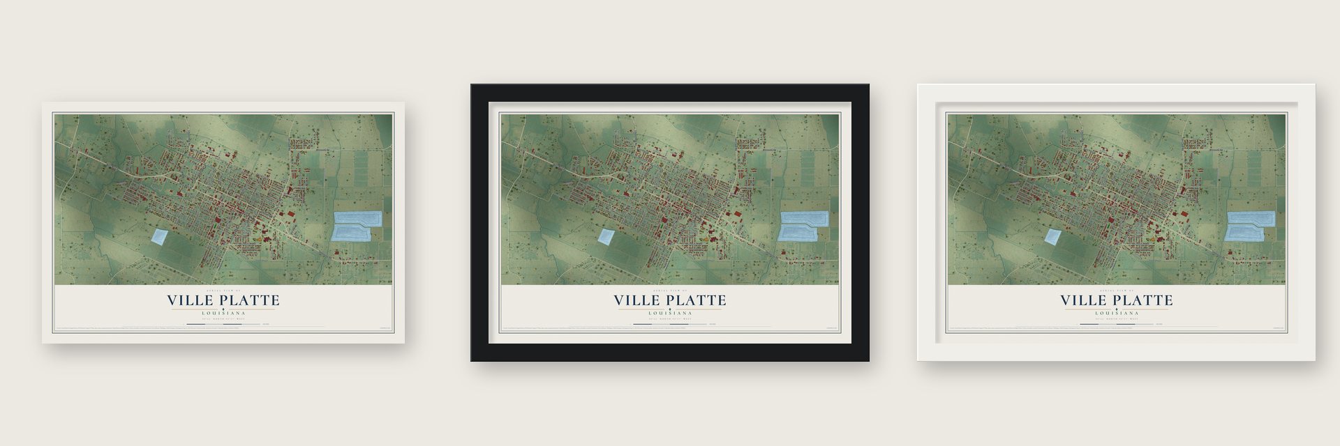 Ville Platte, Louisiana map unframed, in a black wood frame and in a white wood frame
