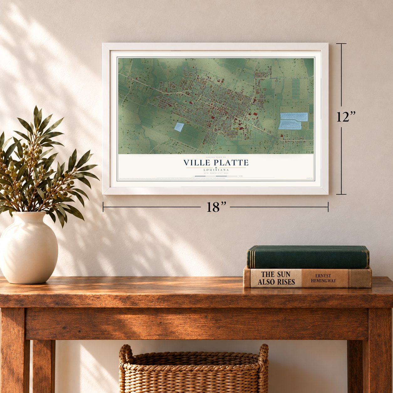 Ville Platte, Louisiana map, 12 x 18 inch print in a white frame in an entryway