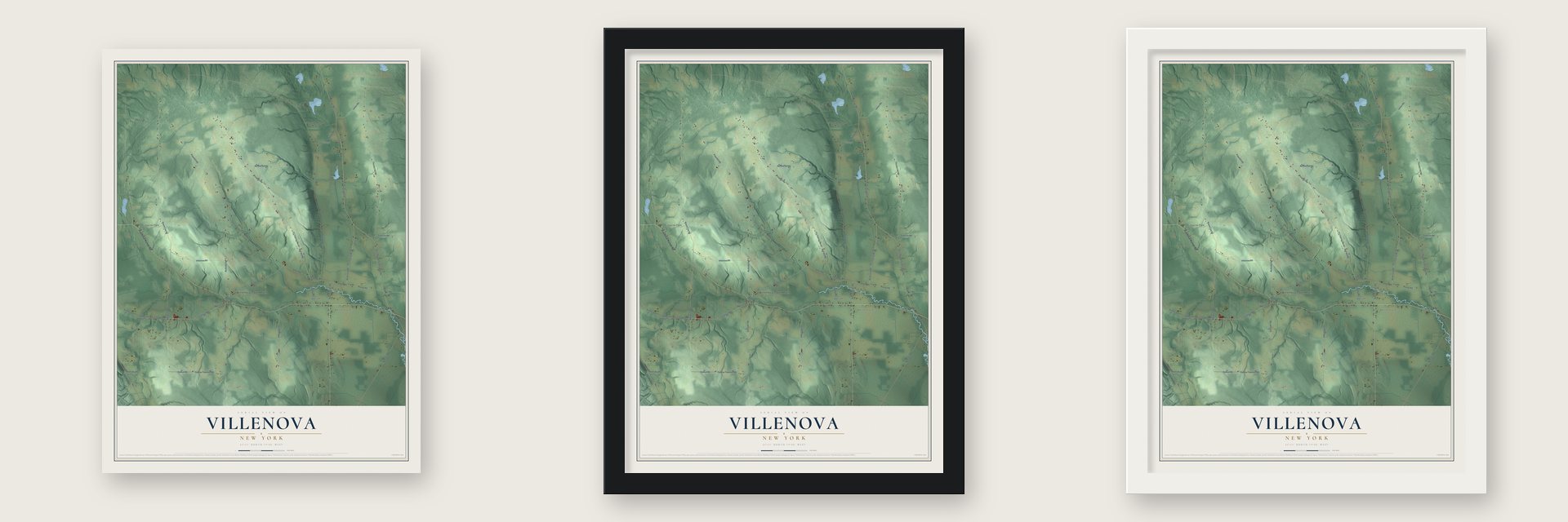 Villenova, New York map unframed, in a black wood frame and in a white wood frame