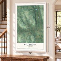 Villenova, New York map, 24 x 36 inch print in a white frame by a staircase