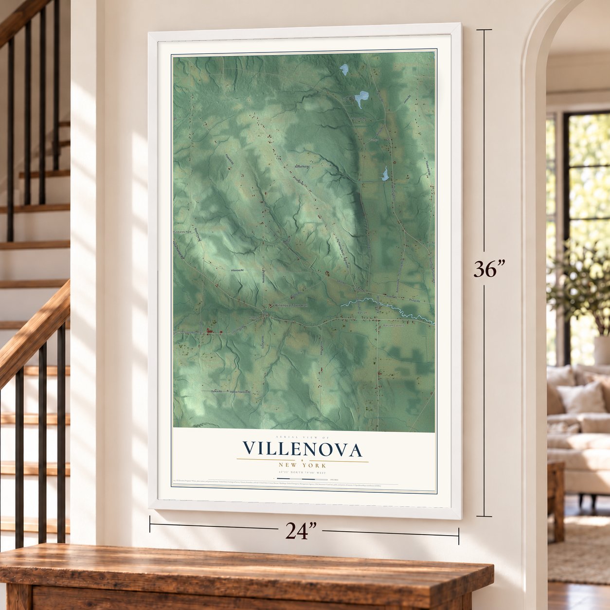 Villenova, New York map, 24 x 36 inch print in a white frame by a staircase