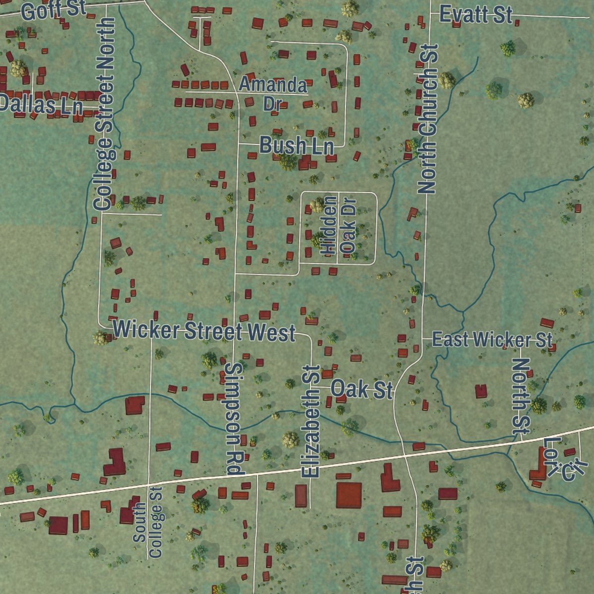 Second close-up of the map of Vilonia, Arkansas print showing more streets and buildings