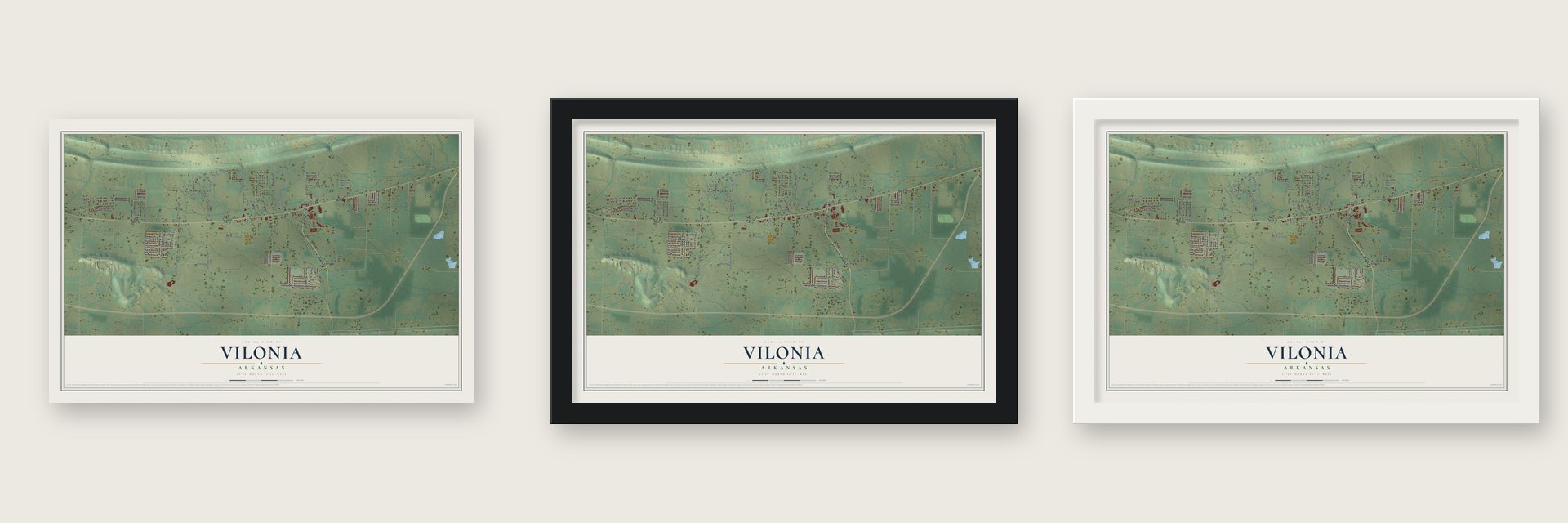Vilonia, Arkansas map unframed, in a black wood frame and in a white wood frame