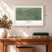 Vilonia, Arkansas map, 12 x 18 inch print in a white frame in an entryway