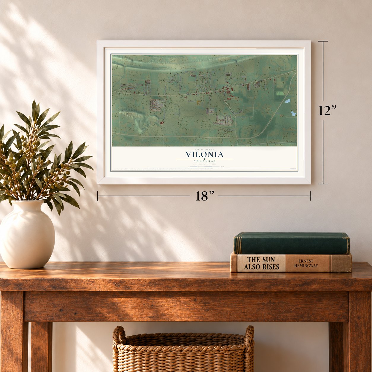 Vilonia, Arkansas map, 12 x 18 inch print in a white frame in an entryway