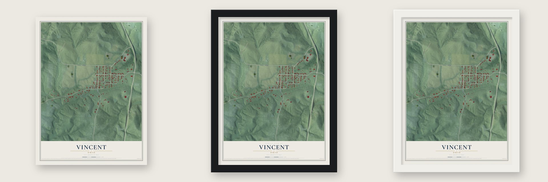 Vincent, Ohio map unframed, in a black wood frame and in a white wood frame