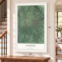 Vincent, Ohio map, 24 x 36 inch print in a white frame by a staircase