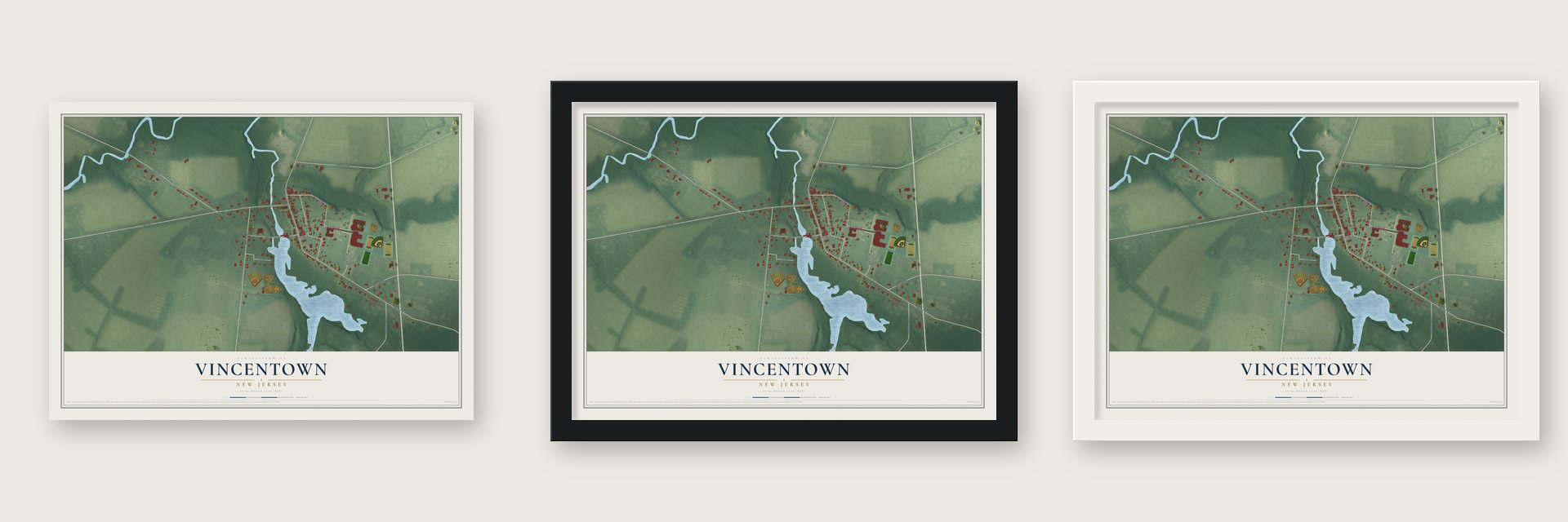 Vincentown, New Jersey map unframed, in a black wood frame and in a white wood frame