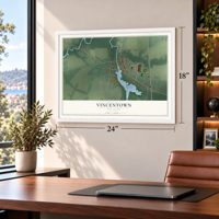 Vincentown, New Jersey map, 18 x 24 inch print in a white frame in a home office