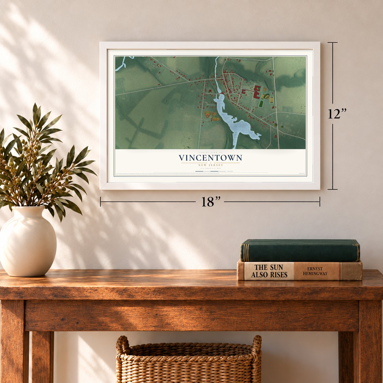 Vincentown, New Jersey map, 12 x 18 inch print in a white frame in an entryway