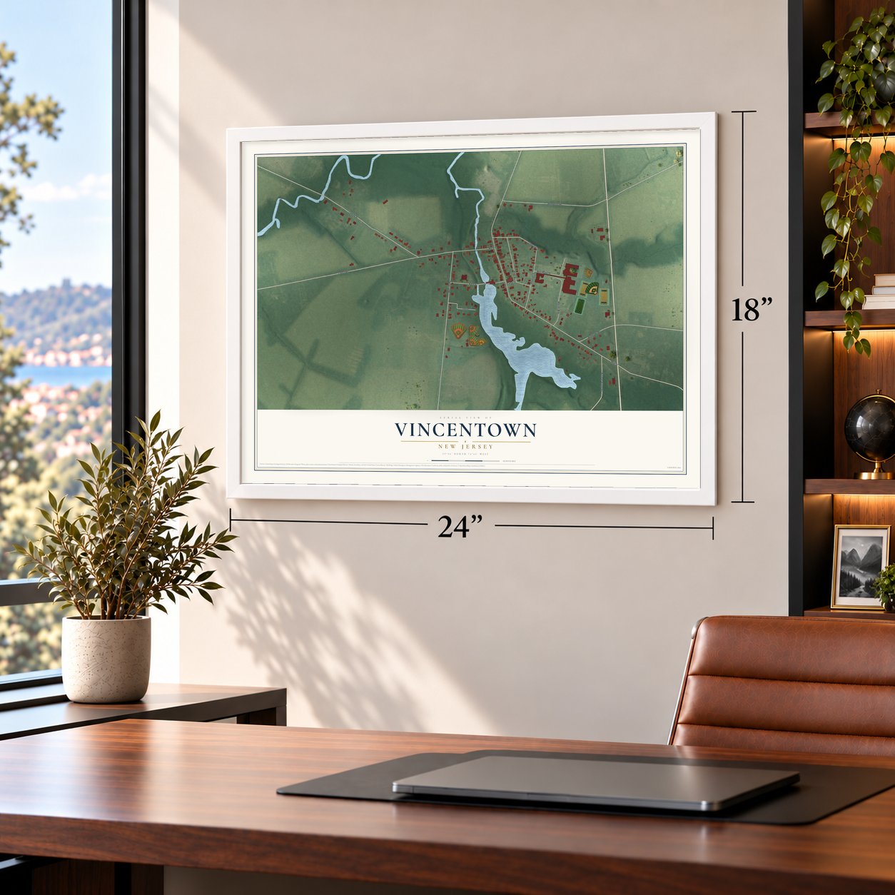 Vincentown, New Jersey map, 18 x 24 inch print in a white frame in a home office