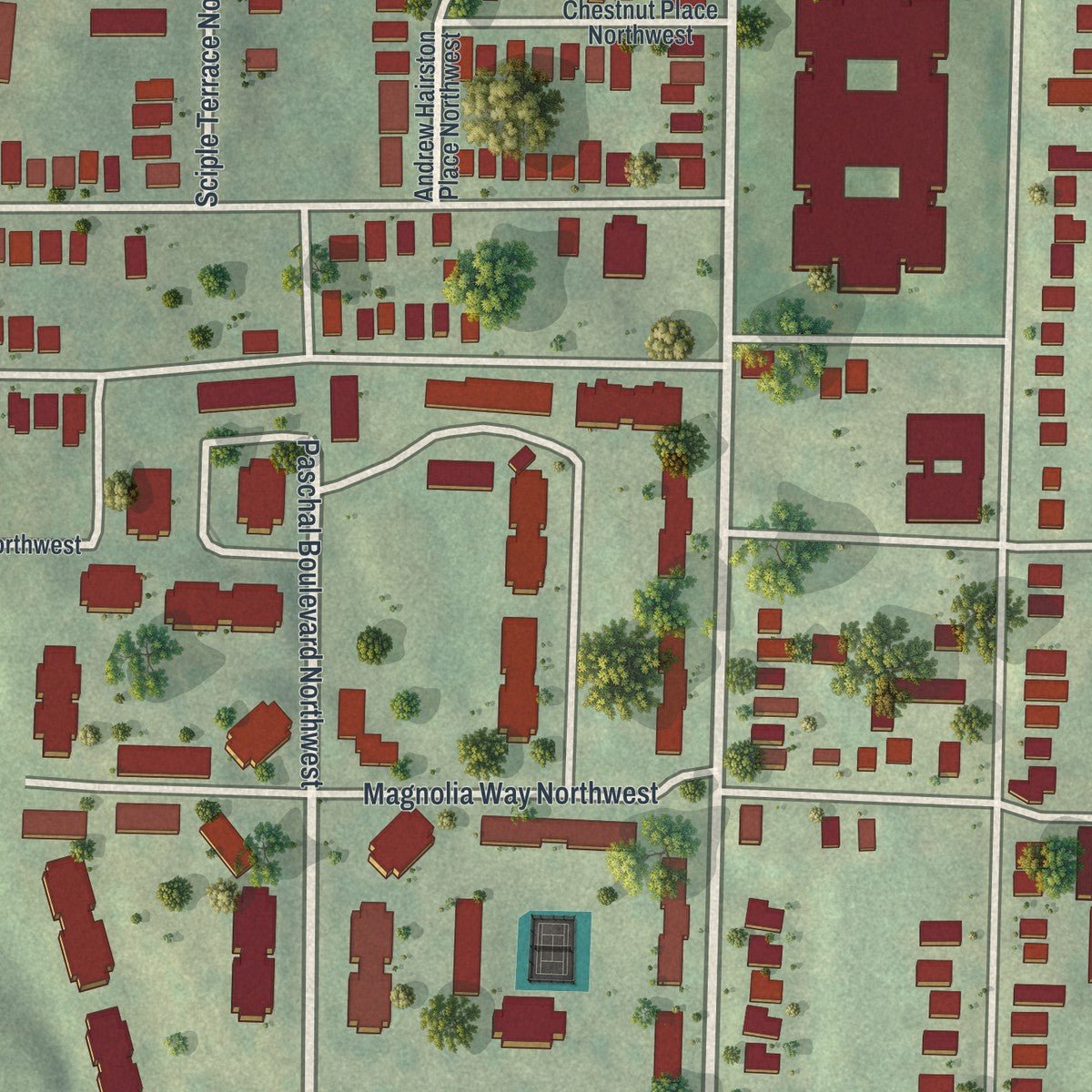 Second close-up of the map of Vine City, Georgia print showing more streets and buildings