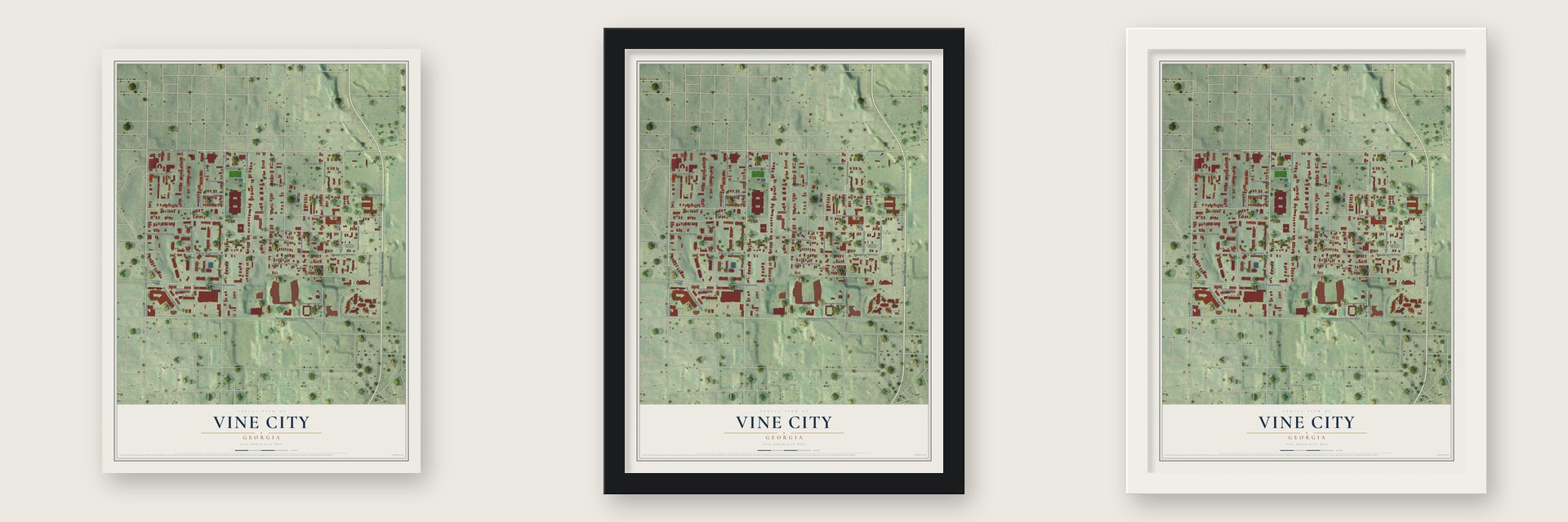 Vine City, Georgia map unframed, in a black wood frame and in a white wood frame