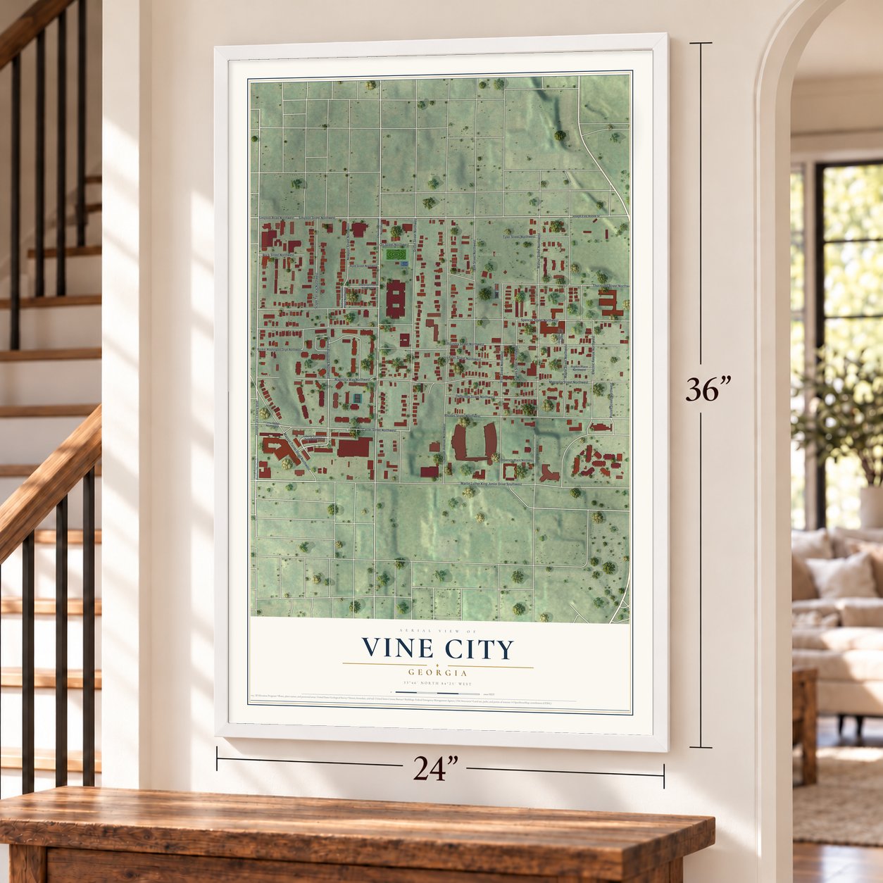 Vine City, Georgia map, 24 x 36 inch print in a white frame by a staircase