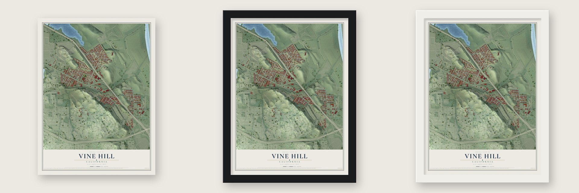 Vine Hill, California map unframed, in a black wood frame and in a white wood frame
