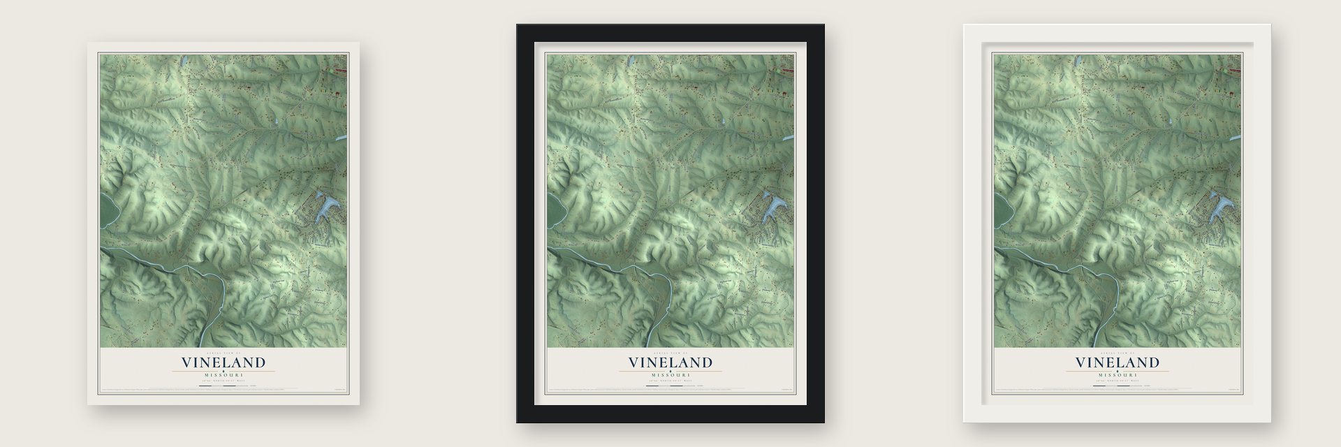 Vineland, Missouri map unframed, in a black wood frame and in a white wood frame