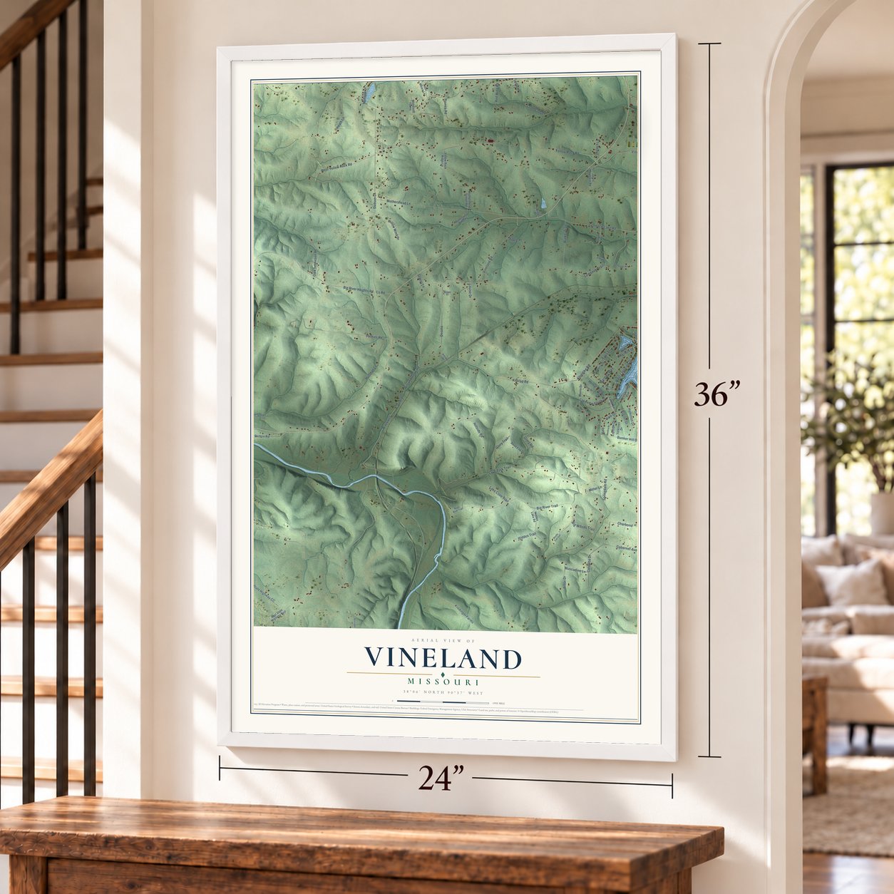 Vineland, Missouri map, 24 x 36 inch print in a white frame by a staircase