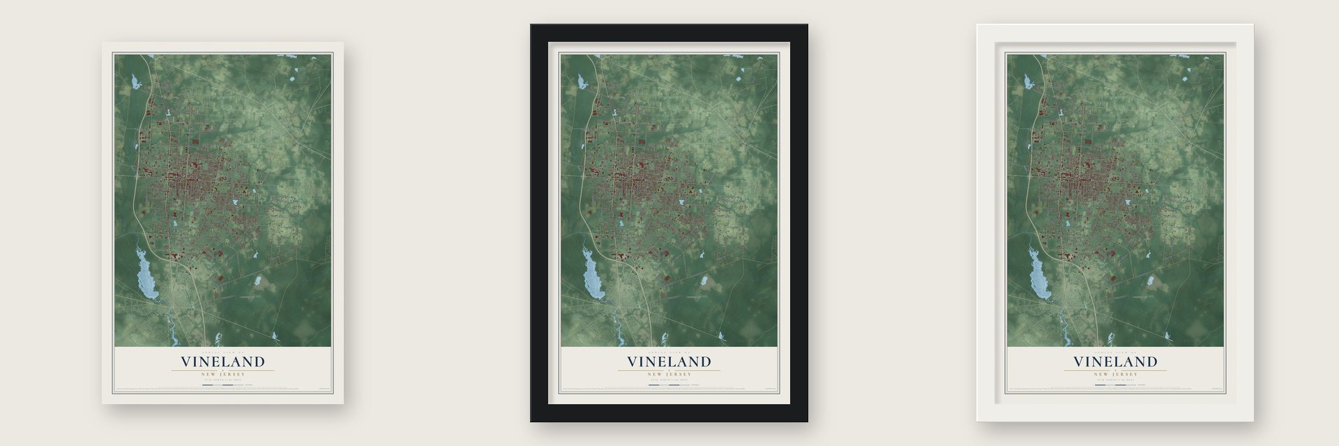 Vineland, New Jersey map unframed, in a black wood frame and in a white wood frame