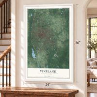 Vineland, New Jersey map, 24 x 36 inch print in a white frame by a staircase