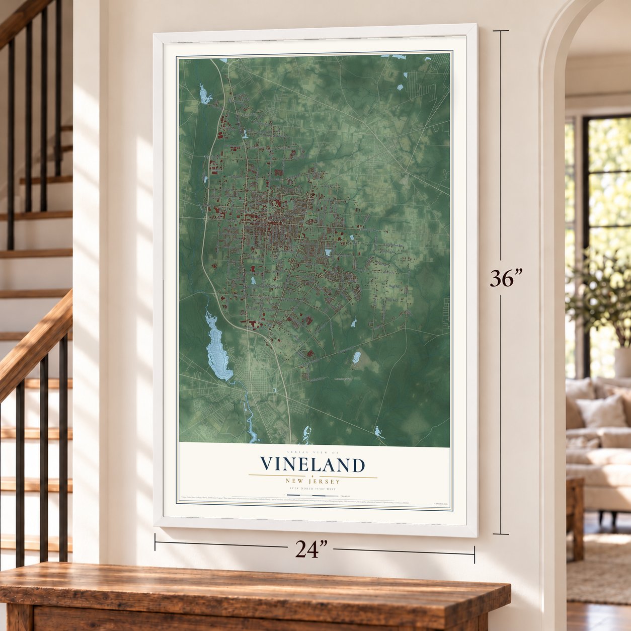 Vineland, New Jersey map, 24 x 36 inch print in a white frame by a staircase