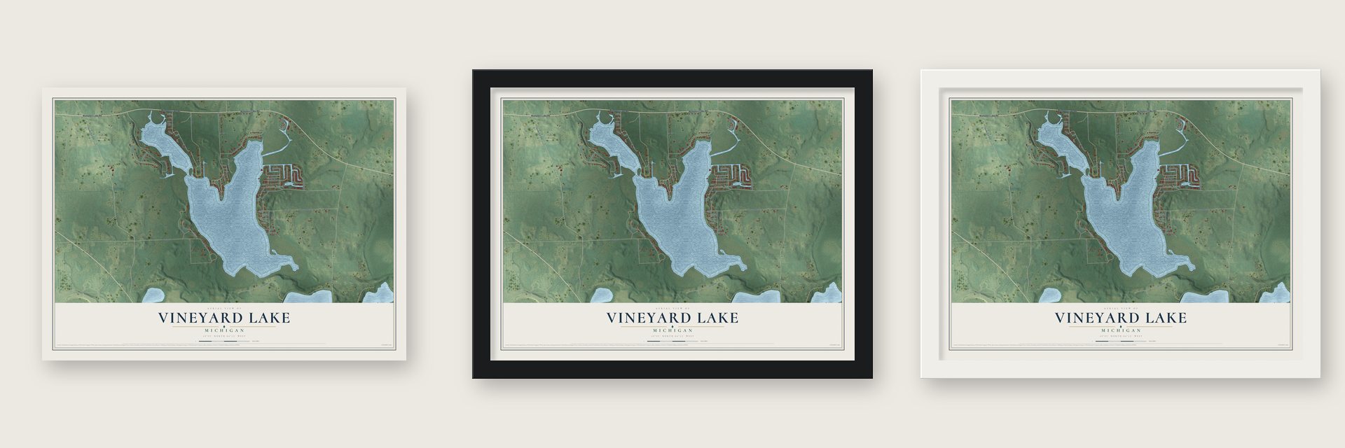 Vineyard Lake, Michigan map unframed, in a black wood frame and in a white wood frame