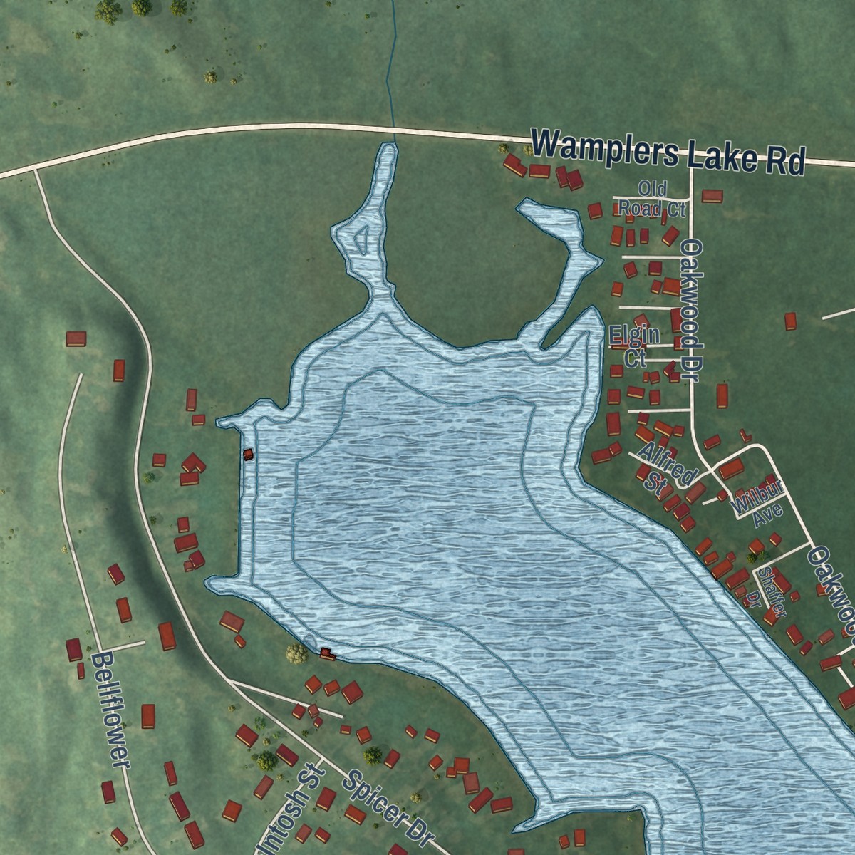 Second close-up of the map of Vineyard Lake, Michigan print showing more streets and buildings