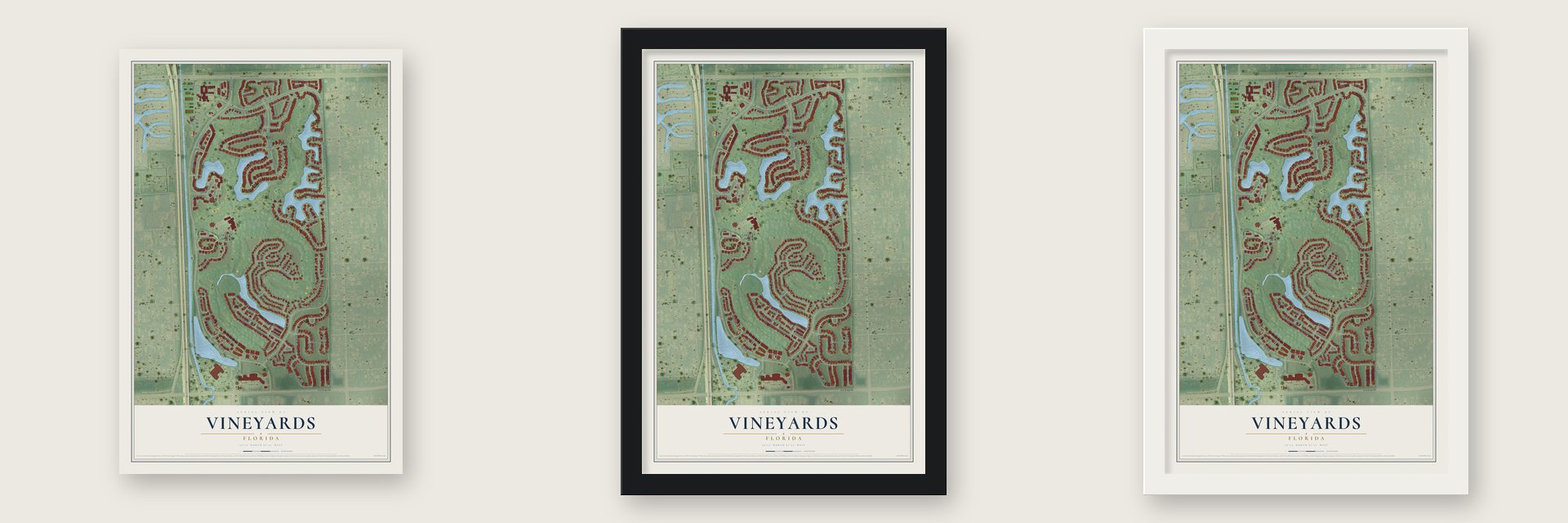Vineyards, Florida map unframed, in a black wood frame and in a white wood frame