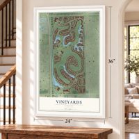 Vineyards, Florida map, 24 x 36 inch print in a white frame by a staircase