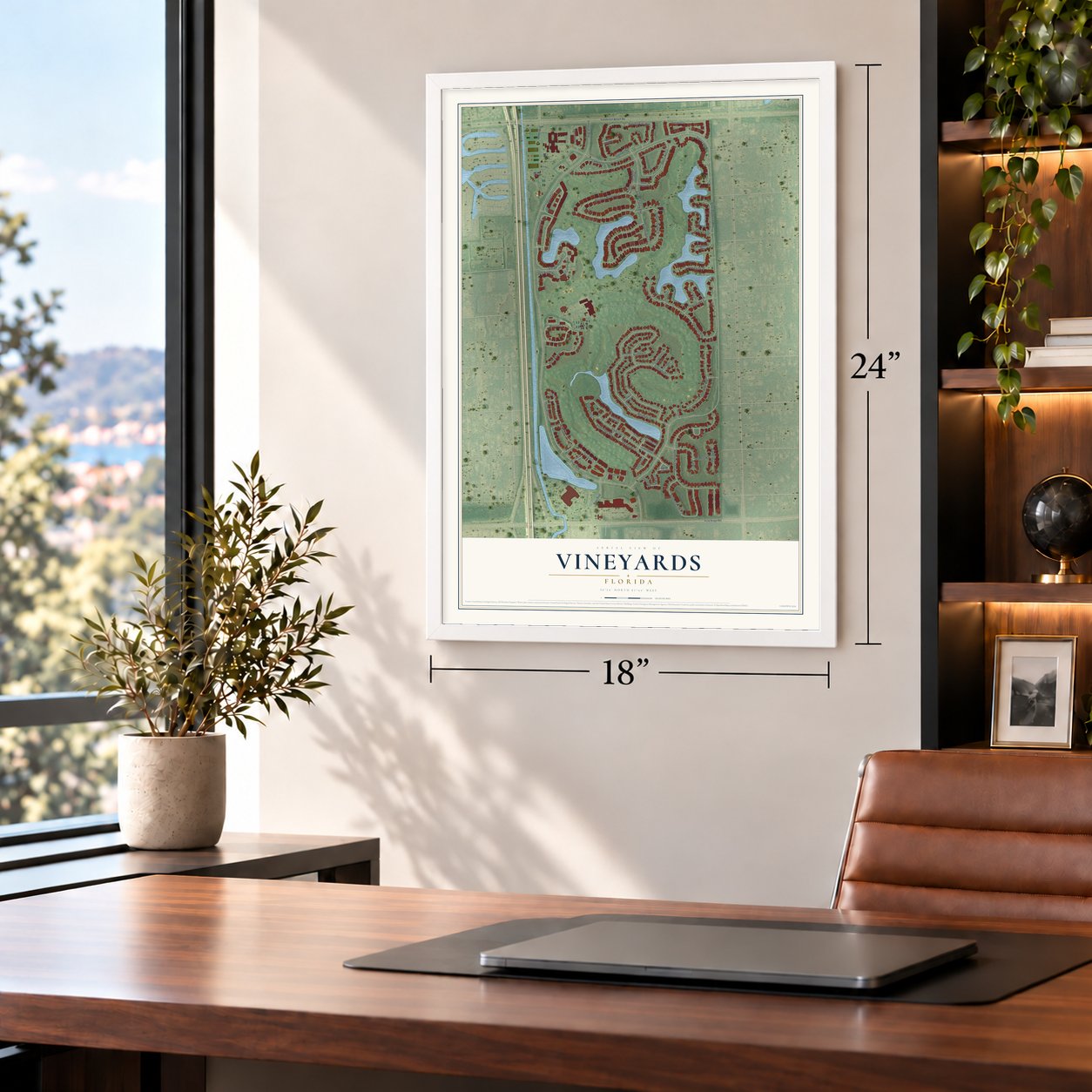 Vineyards, Florida map, 18 x 24 inch print in a white frame in a home office