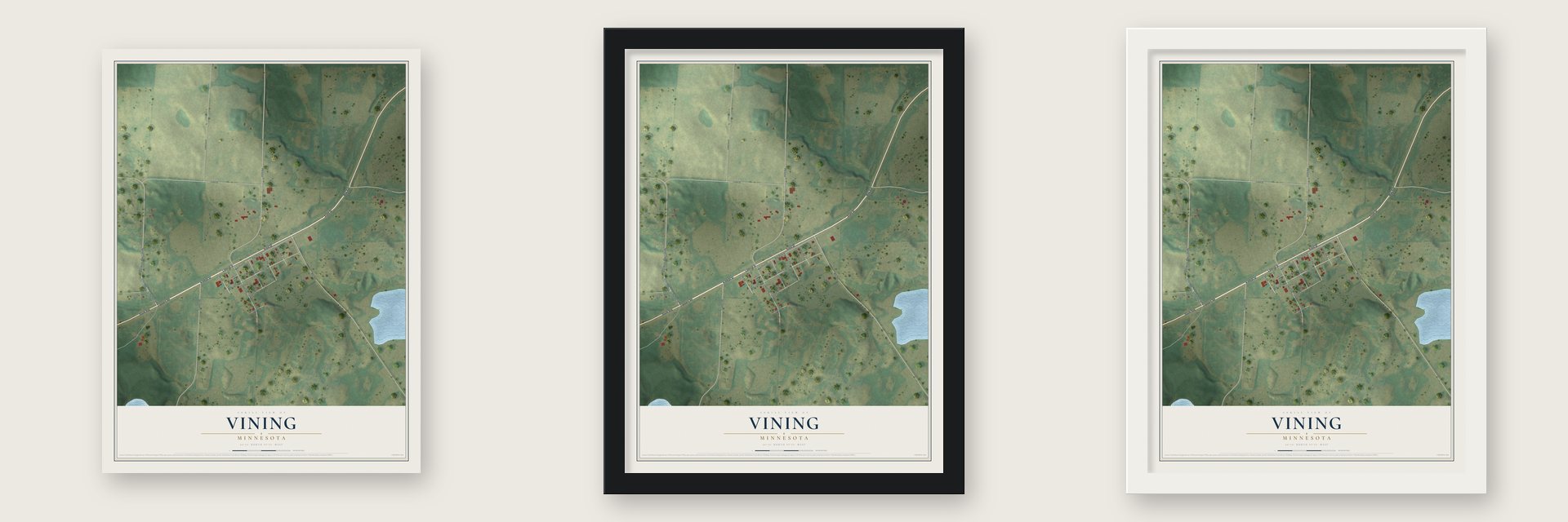 Vining, Minnesota map unframed, in a black wood frame and in a white wood frame